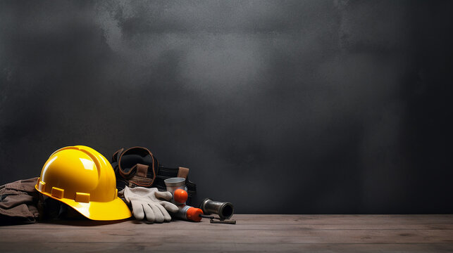 hardhat hammer wrench and other worn dirty tools on dark background