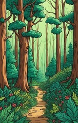 Green lush forest with sunlit path through redwood trees and hiking trail road. Cartoon vector illustration of a dense foliage greenery forest landscape environment