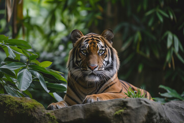 Obraz premium A Bengal tiger in its natural habitat looking at the camera