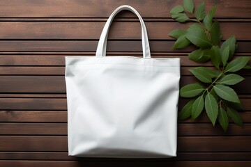 A blank shopping bag for mockup art. Mockup tote bag for graphic art on wooden background with plants. Stylish eco-friendly bag on modern background in creative market trend.