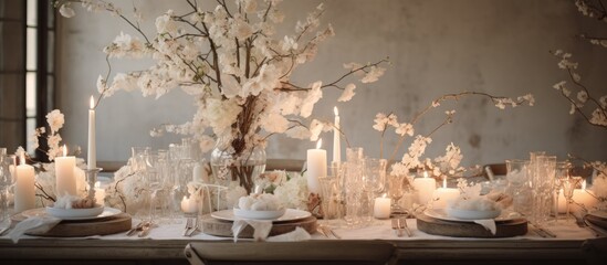 Elegant white wedding table adorned with flowers, candles, and serving plates.