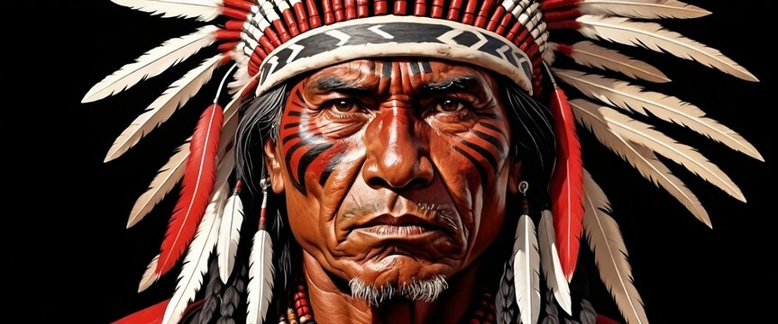 Wide portrait capture of Indigenous people of the Americas, Red Indian, Osage people, Native American old warrior chief, tribal panther makeup, serious eyes, on black background. Generative AI
