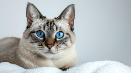 Cute young male cat with blue eyes in studio on white background
