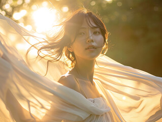 光を浴びる布を纏ったナチュラルビューティなアジア系女性
