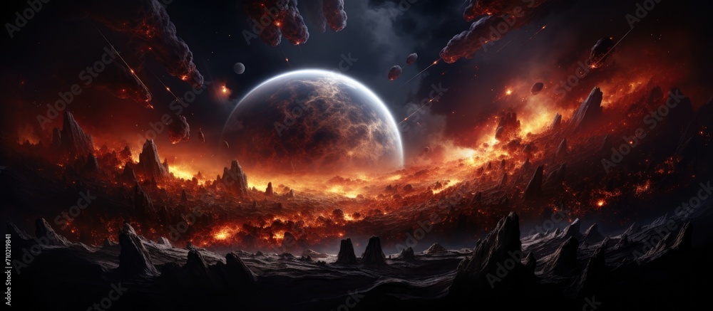 Poster exploding planet against dark backdrop.