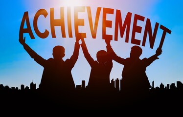 Achievement and Business Goal Success Concept - Creative business people with icon graphic...