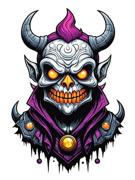 Skull head of the devil in cartoon style illustration on transparent background