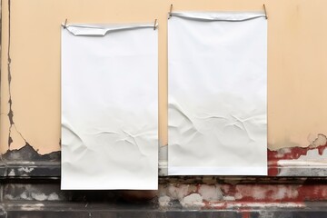 Blank paper for poster mockup attached to the wall. Full white paper wall template for graphic art. Blank empty picture or sheet on the wall.