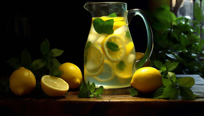 Fresh lemonade on a wooden table, garnished with mint generated by AI