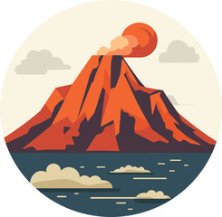 Erupting volcano with flowing lava, clouds, and sea. Stylized round composition nature disaster scene. Natural disaster and geology concept vector illustration.