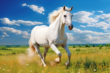 Obraz na płótnie Canvas Majestic White Horse Galloping in Sunny Meadow
