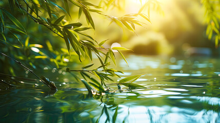 Sunlit Bamboo Leaves Over Tranquil Water