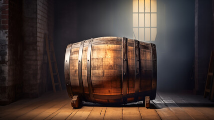 Vintage Wooden Barrel in a Rustic Cellar