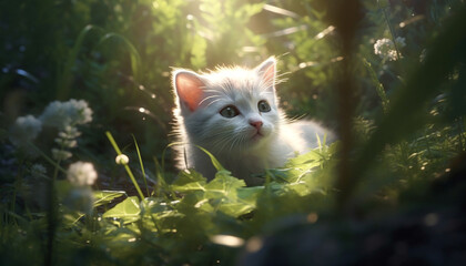 Cute kitten sitting in grass, staring at camera playfully generated by AI