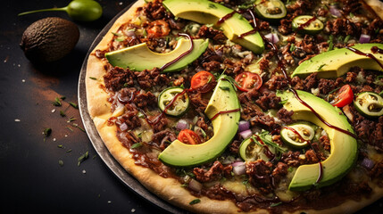 A mouthwatering avocado biltong pizza with creamy slices of avocado, savory biltong (dried meat), and melted cheese on a crispy golden crust.