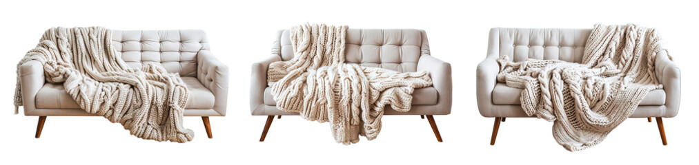 Set of Scandinavian modern sofas with chunky knitted blankets over isolated transparent background