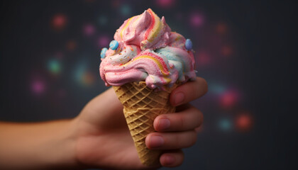 Hand holding ice cream cone, enjoying sweet summer refreshment generated by AI