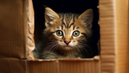 Cute kitten hiding, peeking out, staring with curious eyes generated by AI