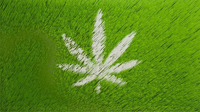 A dynamic 3D otion graphic masterpiece showcases a central cannabis leaf within an abstract swirling line, evoking an engaging visual narrative.