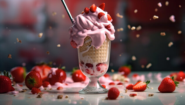 Fresh strawberry and raspberry dessert on wooden table generated by AI