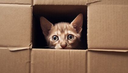 Cute kitten hiding in a cardboard box, peeking curiously generated by AI