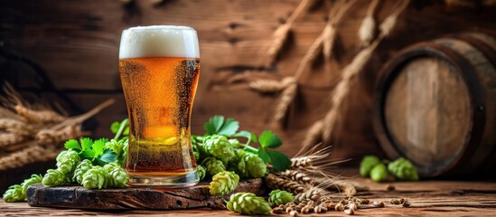 IPA beer, hops, and wheat on a wooden table. - obrazy, fototapety, plakaty