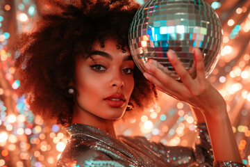 beautiful afro woman partying holds disco ball