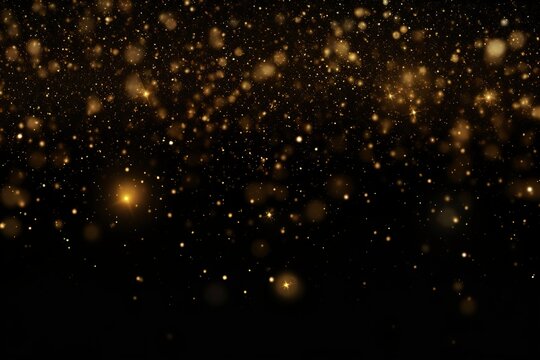 Abstract background with golden glitter effects on black background. Golden glitter for overlay in graphic art. Golden light in bokeh effect.