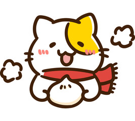ほかほかの肉まんを食べるかわいいねこのキャラクターのデフォルメイラスト