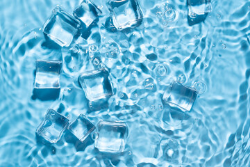 Blue water wave and ice cubes background.