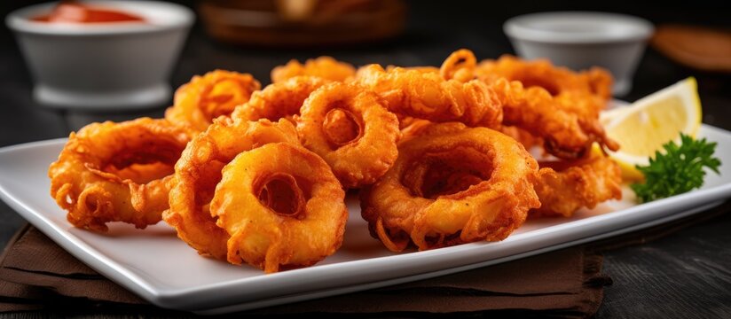 Fried squid rings on table