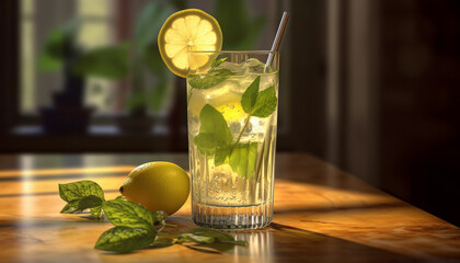 Fresh lemonade on a wooden table, perfect for summer generated by AI - obrazy, fototapety, plakaty