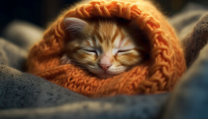 Naklejka premium Cute kitten sleeping, fur softness, striped, eyes closed, relaxed generated by AI