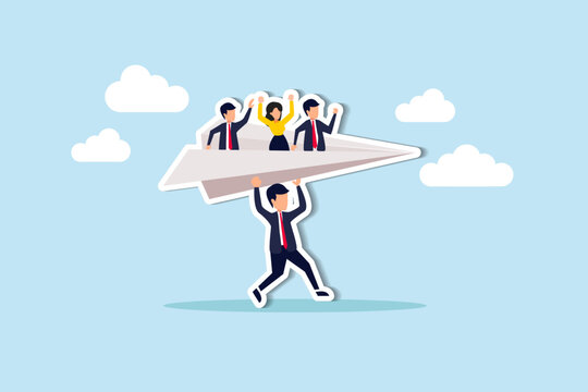 Mentor or support employee to success, manager to help or advice staff to reach goal, work coaching or adviser expert concept, businessman manager launching paper plane origami with team colleagues.