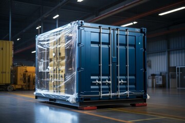 Container on pallet in warehouse, advanced tech, industrial logistics. Generative AI