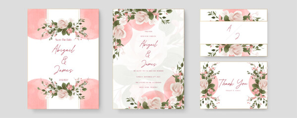 Pink and white rose set of wedding invitation template with shapes and flower floral border. Watercolor wedding invitation template with arrangement flower and leaves