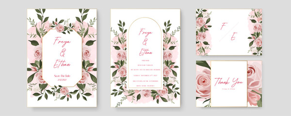 Pink and white rose elegant wedding invitation card template with watercolor floral and leaves. Watercolor wedding invitation template with arrangement flower and leaves