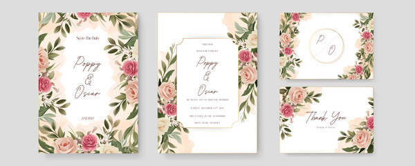Pink and white rose artistic wedding invitation card template set with flower decorations. Watercolor wedding invitation template with arrangement flower and leaves