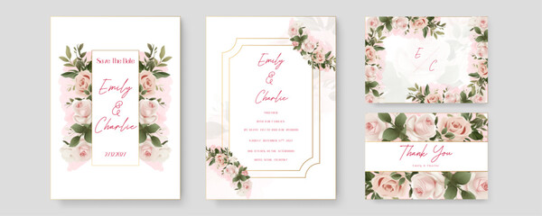 Pink and white rose luxury wedding invitation with golden line art flower and botanical leaves, shapes, watercolor. Watercolor wedding invitation template with arrangement flower and leaves