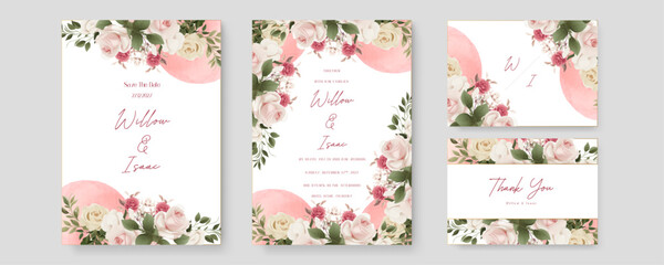 Pink and white rose floral wedding invitation card template set with flowers frame decoration. Watercolor wedding invitation template with arrangement flower and leaves - obrazy, fototapety, plakaty