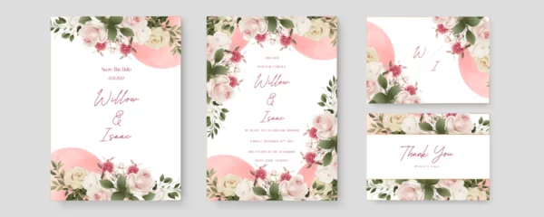 Fotobehang Pink and white rose floral wedding invitation card template set with flowers frame decoration. Watercolor wedding invitation template with arrangement flower and leaves © SyahCreation