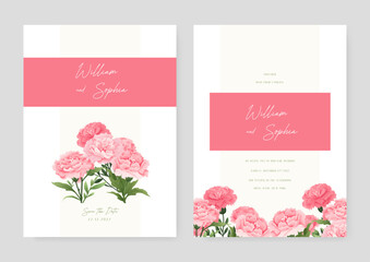 Pink chrysanthemum artistic wedding invitation card template set with flower decorations. Watercolor wedding invitation template with arrangement flower and leaves