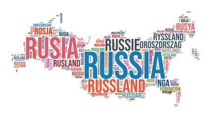 Russia country shape word cloud. Typography style country illustration. Russia image in text cloud style. Vector illustration.