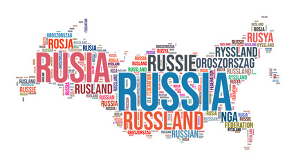 Fototapeta premium Russia country shape word cloud. Typography style country illustration. Russia image in text cloud style. Vector illustration.