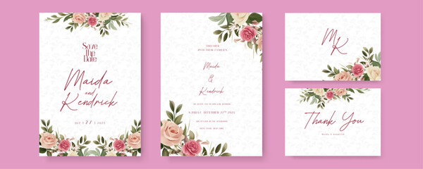 Beige and pink rose luxury wedding invitation with golden line art flower and botanical leaves, shapes, watercolor. Watercolor wedding invitation template with arrangement flower and leaves