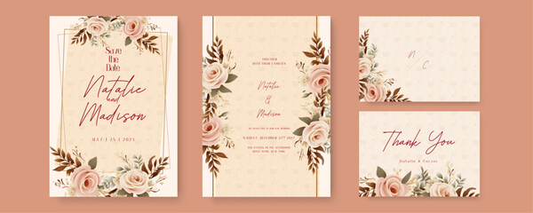 Beige rose elegant wedding invitation card template with watercolor floral and leaves. Watercolor wedding invitation template with arrangement flower and leaves