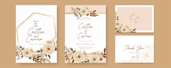 Beige rose beautiful wedding invitation card template set with flowers and floral. Watercolor wedding invitation template with arrangement flower and leaves