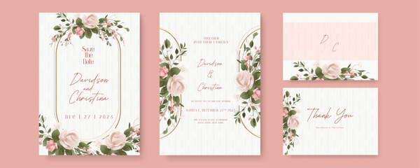 Pink rose beautiful wedding invitation card template set with flowers and floral. Watercolor wedding invitation template with arrangement flower and leaves