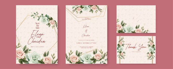 Beige and green rose vector elegant watercolor wedding invitation floral design. Watercolor wedding invitation template with arrangement flower and leaves