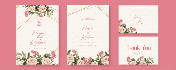 Beige and pink rose elegant wedding invitation card template with watercolor floral and leaves. Watercolor wedding invitation template with arrangement flower and leaves